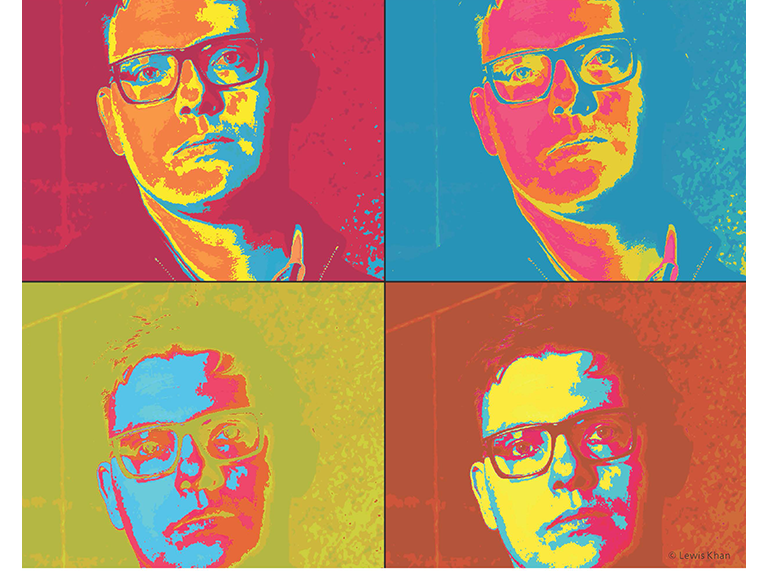 Zu sehen sind 4 Bilder des Gesichts von Tom Chatfield in verschiedenen Farben quadratisch angeordnet