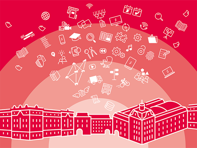 Zu sehen ist das Titelbild der Universitätsbibliothek: Ein roter Hintergrund mit Uni-Gebäuden und viele Icons darüber