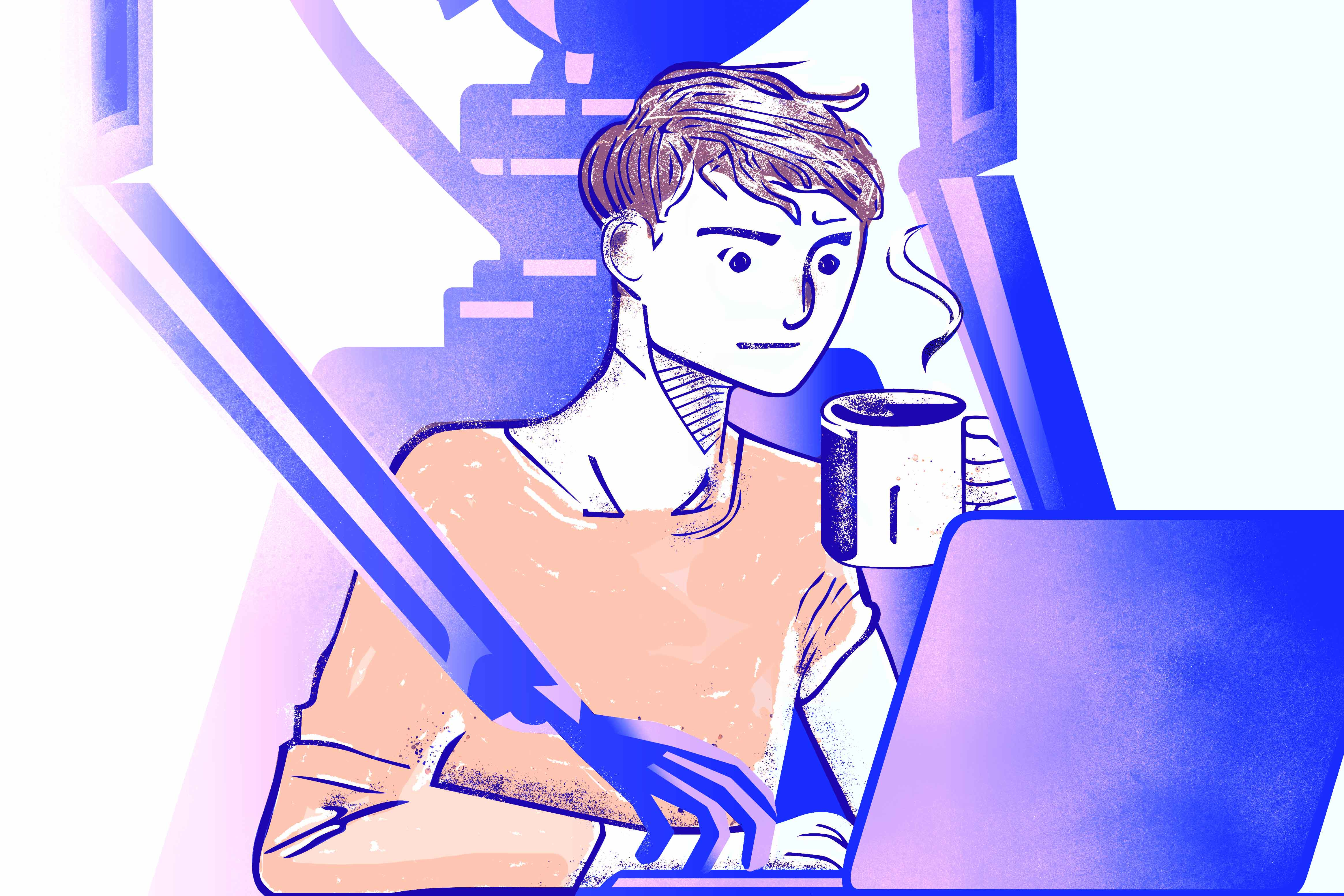 Ein Student mit Kaffee sitzt mit einem A.I.-Roboter am Laptop.