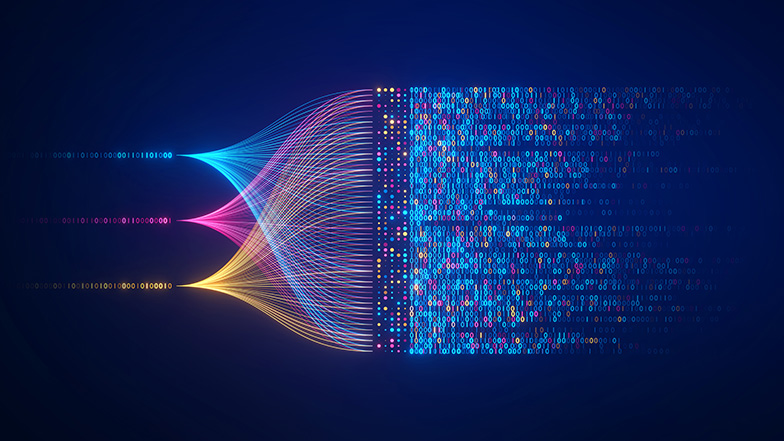 Bild von drei separate Licht-Strömungen, die sich mischen und in gemischte Form eine grössere Datenmenge repräsentieren
